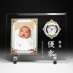 オリジナルな名入れ記念写真たて 命名 名入れ 時計付 PHO-YU11